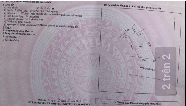 CÂN BÁN : một lô duy nhất mặt đường QL37 ngay sát cầu mây huyện phú bình - Thái Nguyên 337m Fuii TC  MT 15m giá có hơn 10tr/m